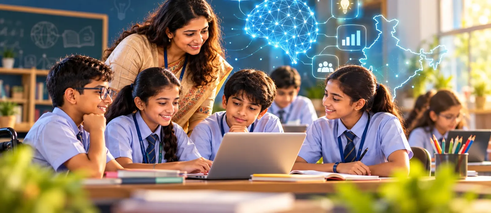 A teacher and students learning together at a laptop