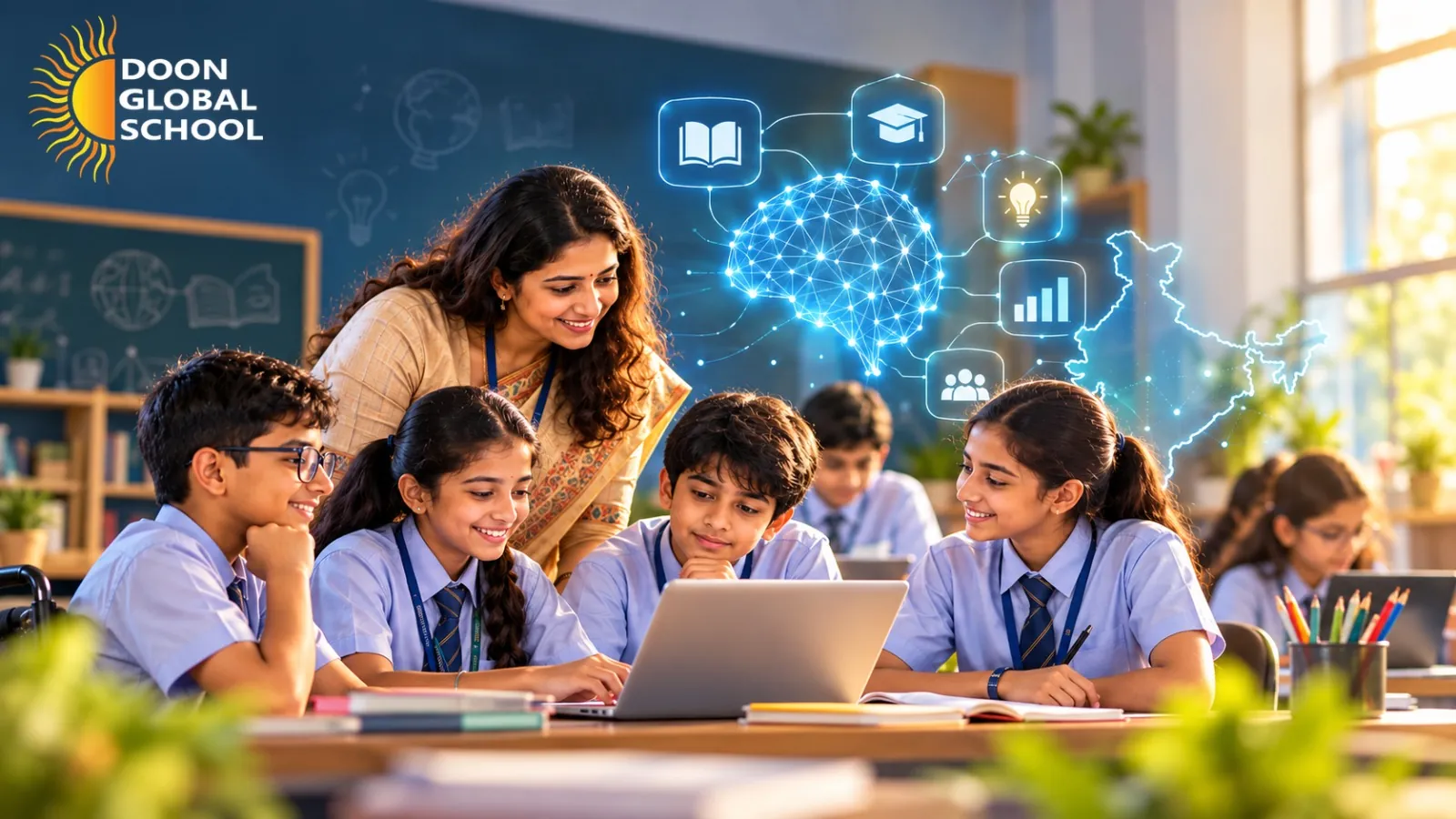 Illustration of a teacher and students working at a laptop, with an artificial intelligence network graphic and an outline of India behind them.