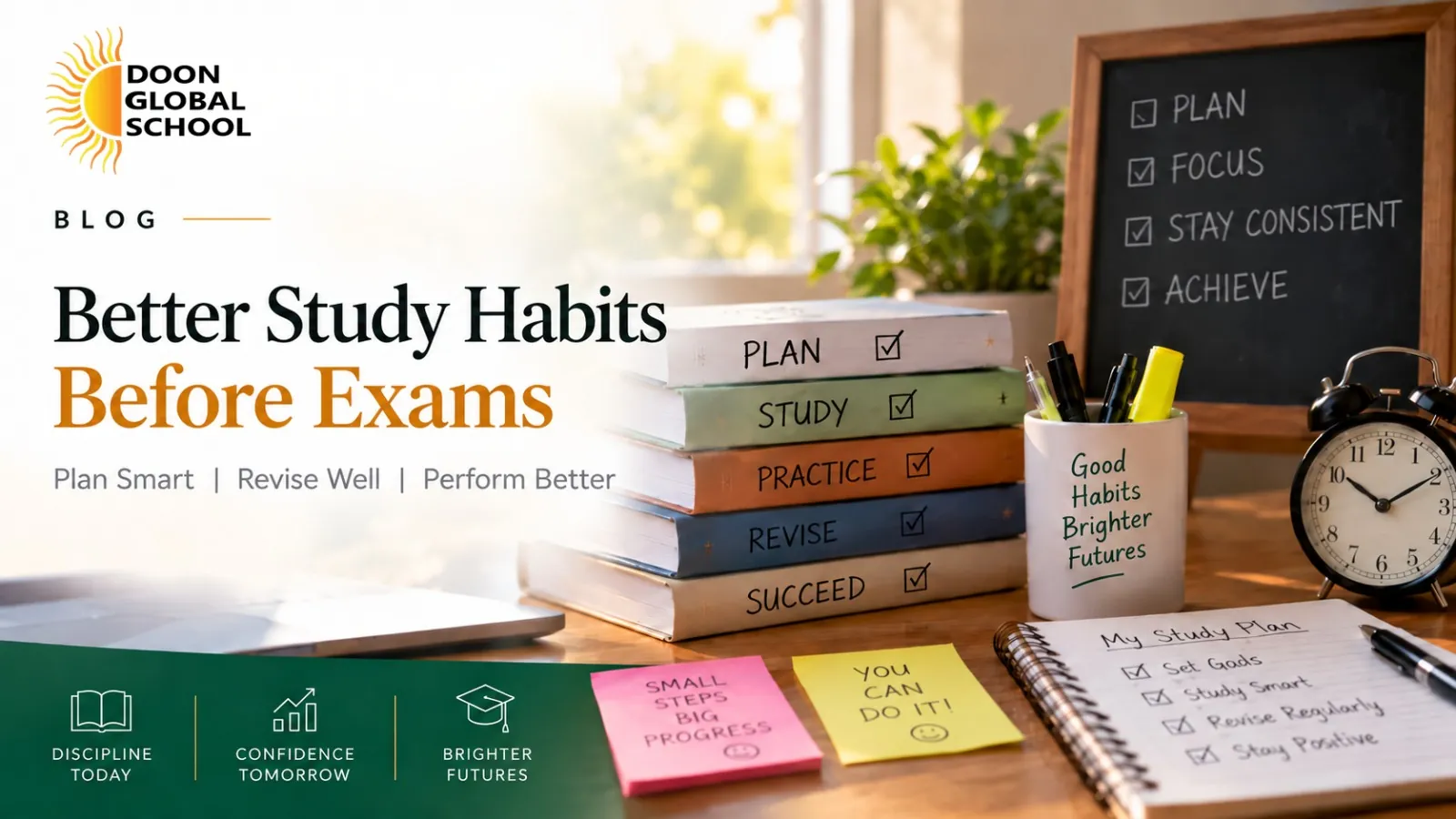 Better Study Habits Before Exams cover illustration: a stack of books beside a checklist and an alarm clock
