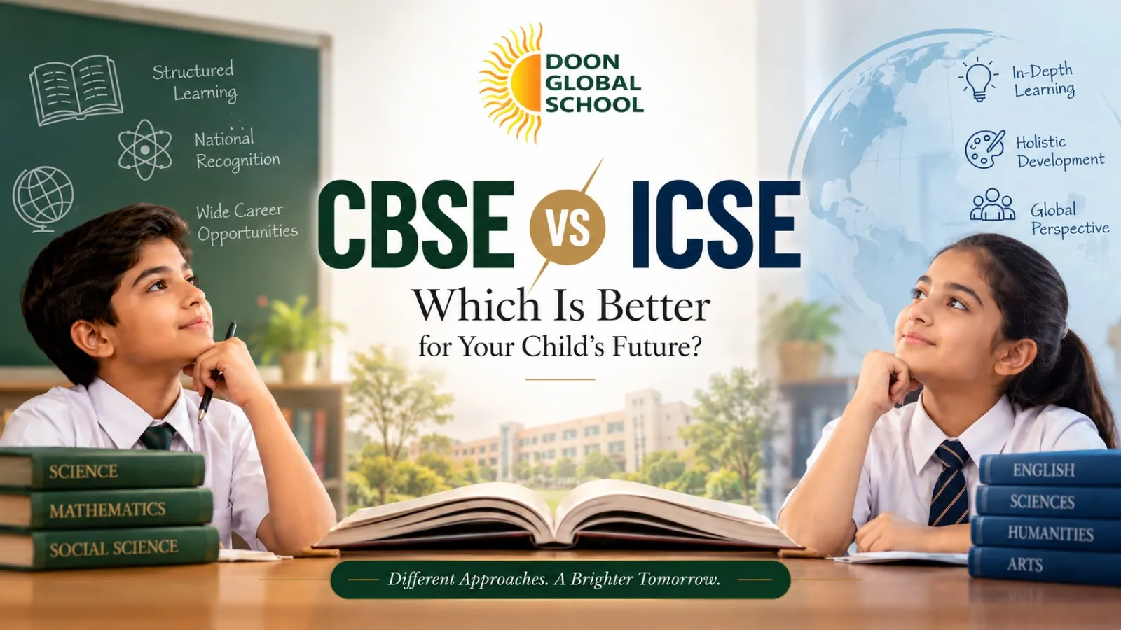 CBSE vs ICSE cover illustration: two students at their desks, each beside notes on one board