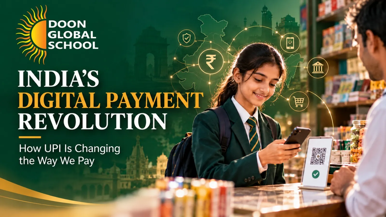 India's Digital Payment Revolution cover illustration: a student paying by UPI with a phone at a shop counter