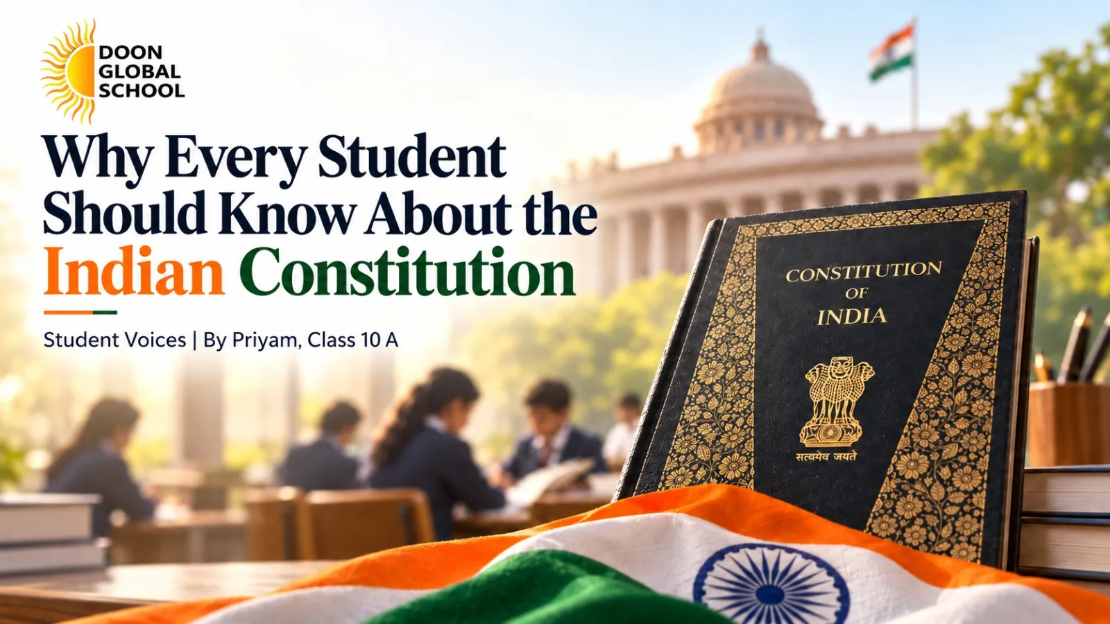 Cover illustration for Priyam Banerjee's article: a book titled Constitution of India beside the national flag