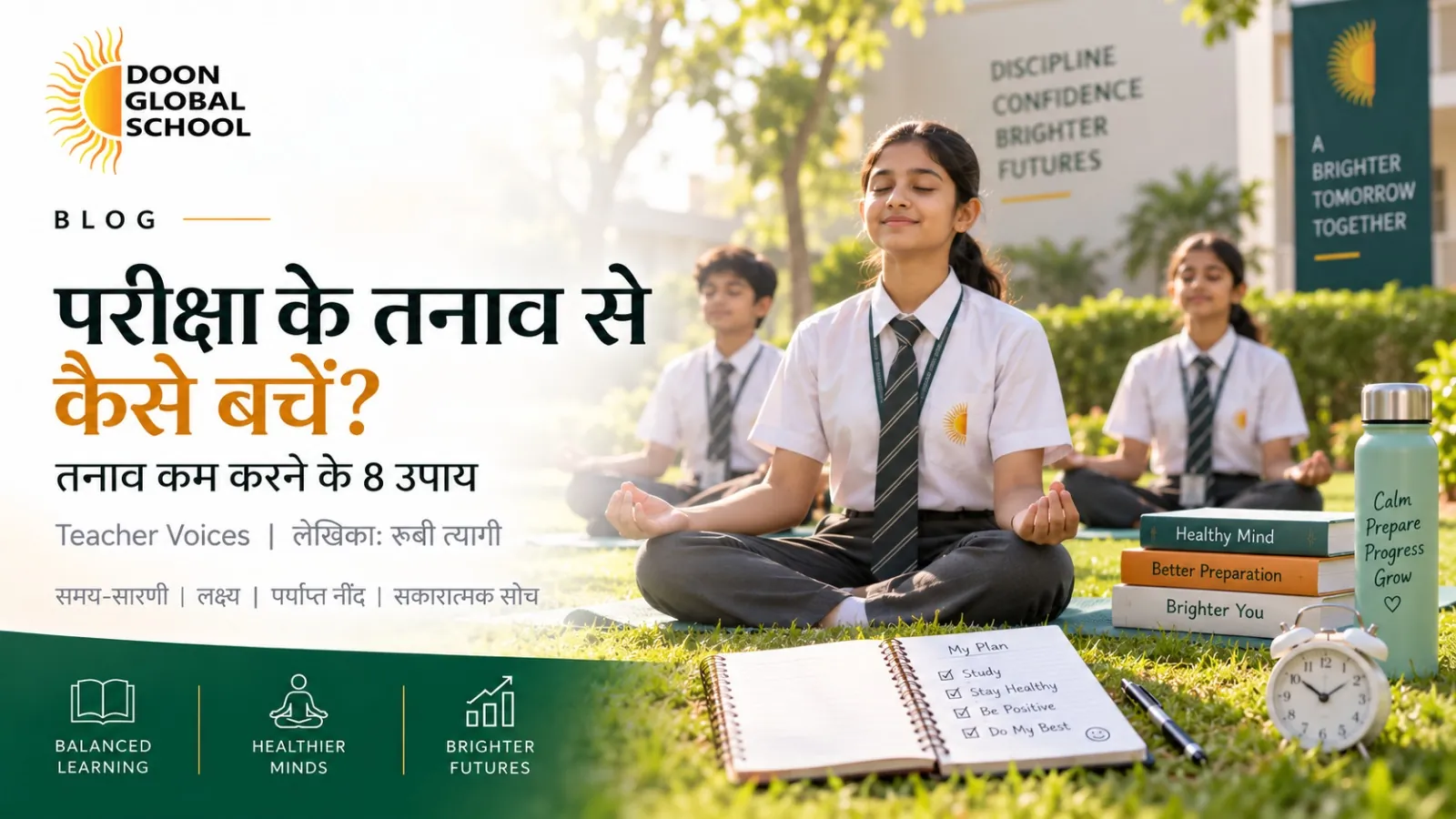 Cover illustration of the Hindi article on exam stress by Ruby Tyagi: students meditating on a school lawn