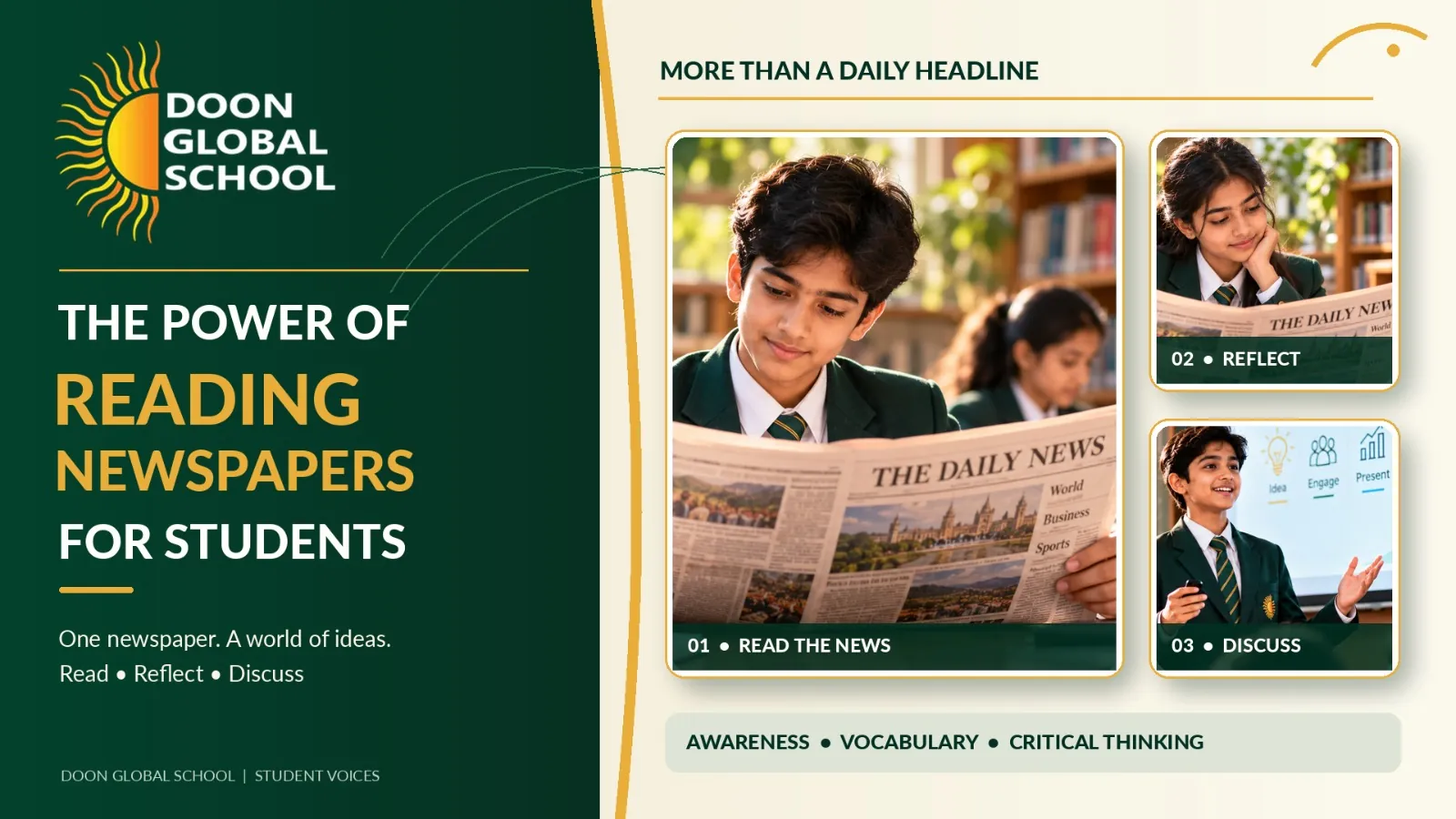 The Power of Reading Newspapers for Students cover illustration: students reading, reflecting on and discussing the news