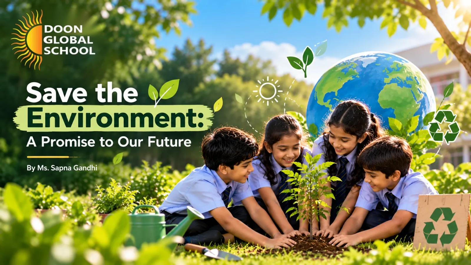 Save the Environment: A Promise to Our Future, by Ms. Sapna Gandhi. Illustration of four students planting a sapling beside a globe.