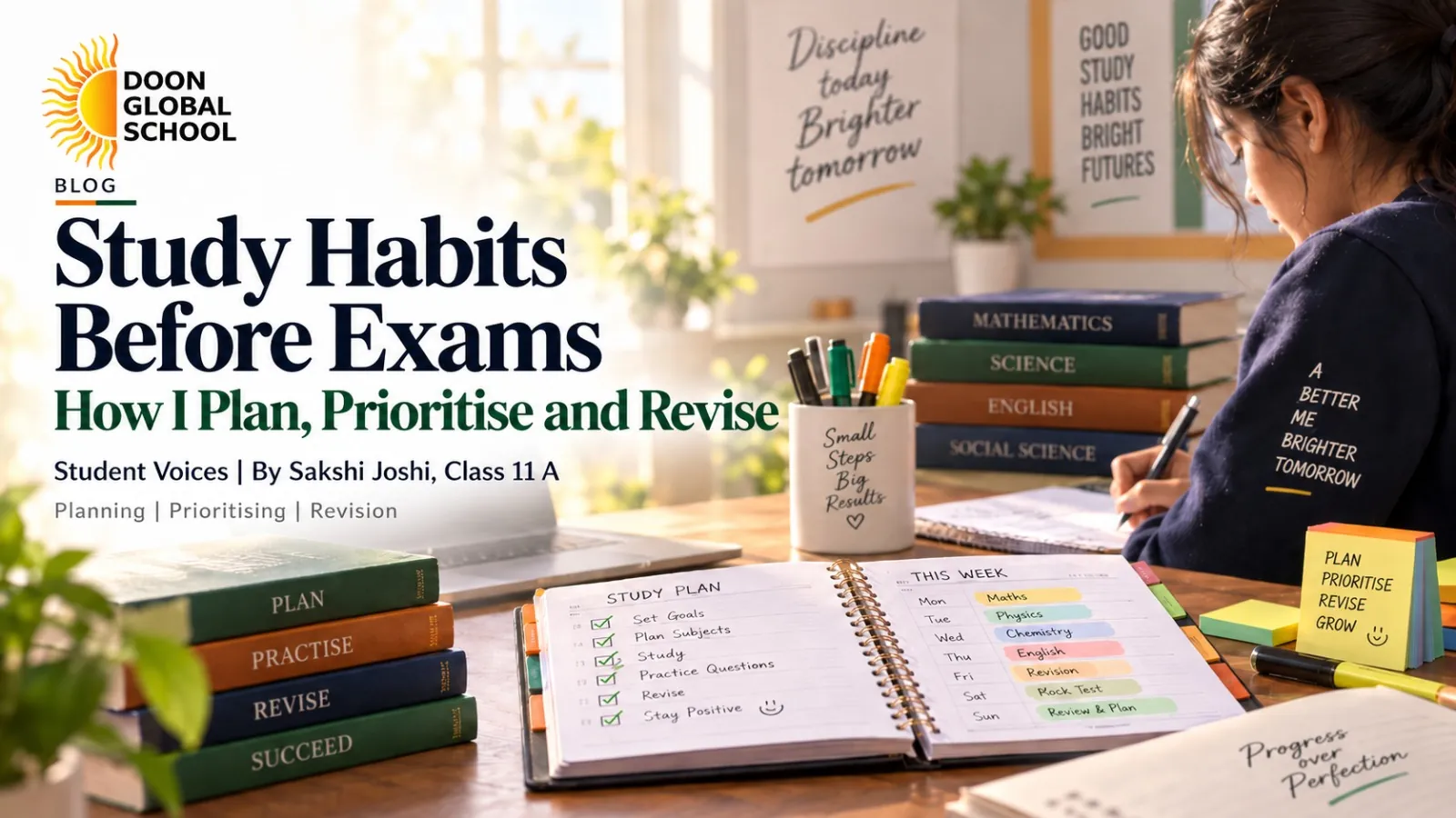 Cover illustration for Sakshi Joshi's article: a student writing at a desk beside an open weekly study plan