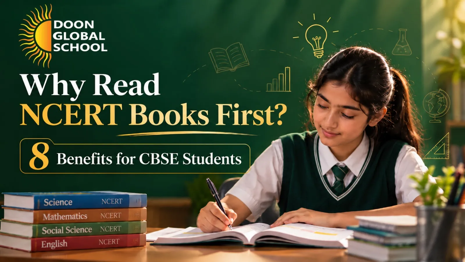 Why Read NCERT Books First cover illustration: a student writing notes beside a stack of NCERT textbooks