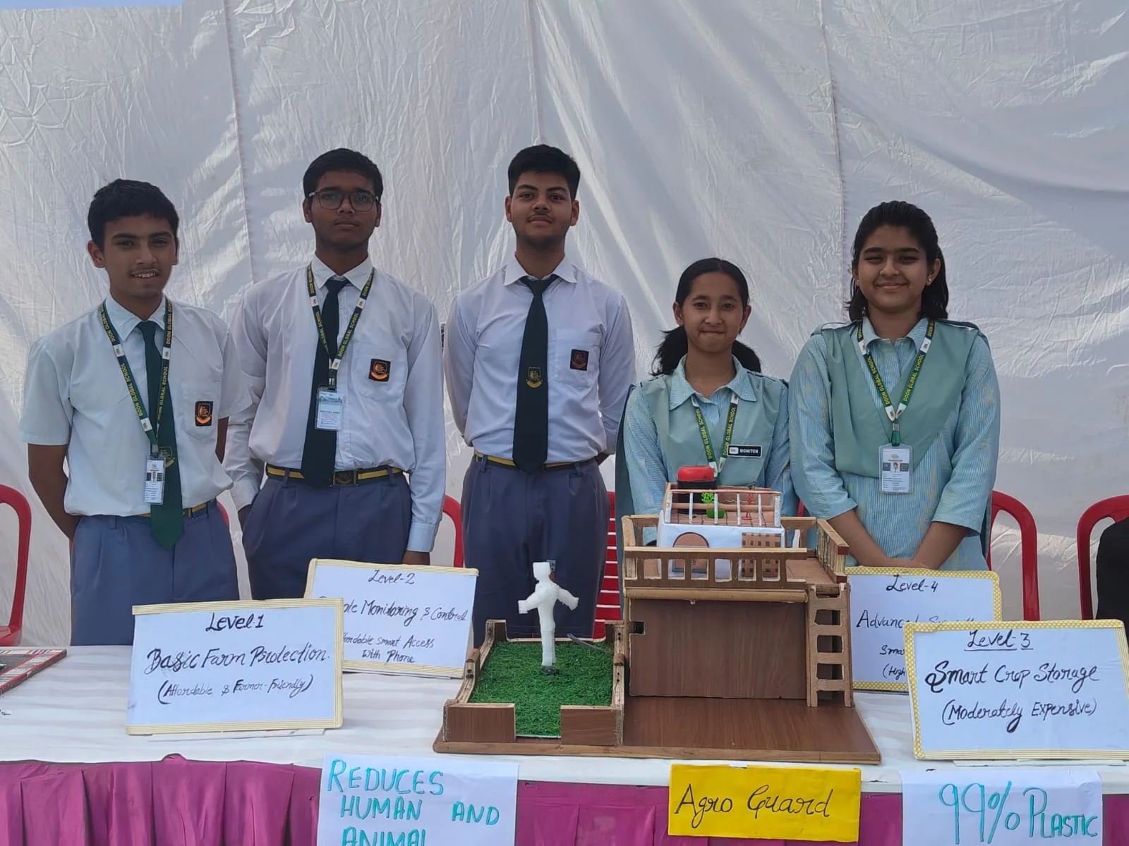 Students standing behind their working model at a science championship exhibition