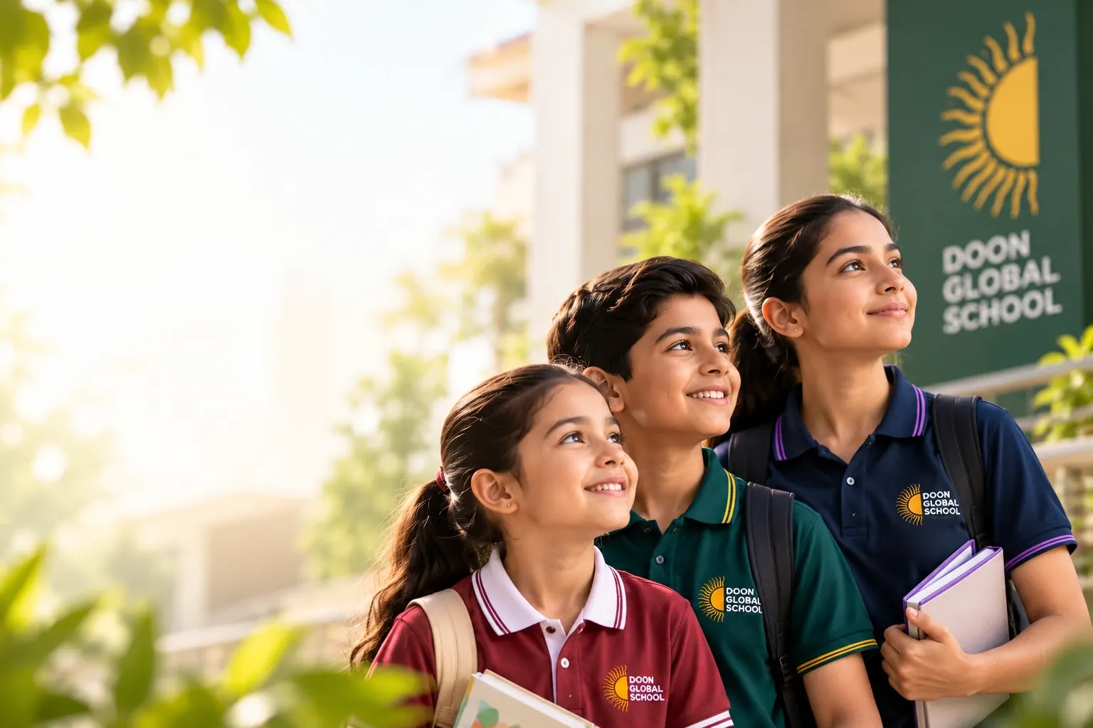 Three smiling students of Grade I, Grade VI and Grade IX outside the school, looking up