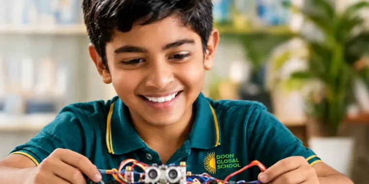 A smiling student wiring a small robot