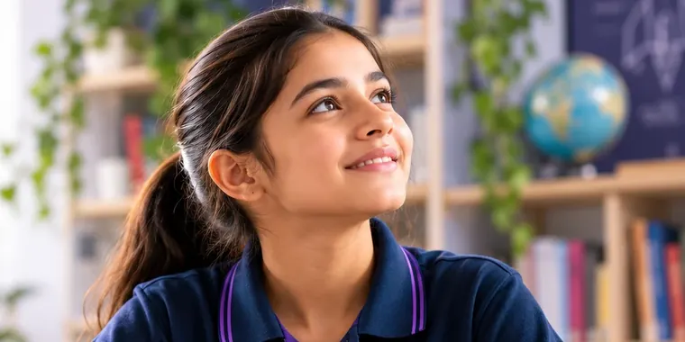 A smiling Grade IX student at a desk with notebooks