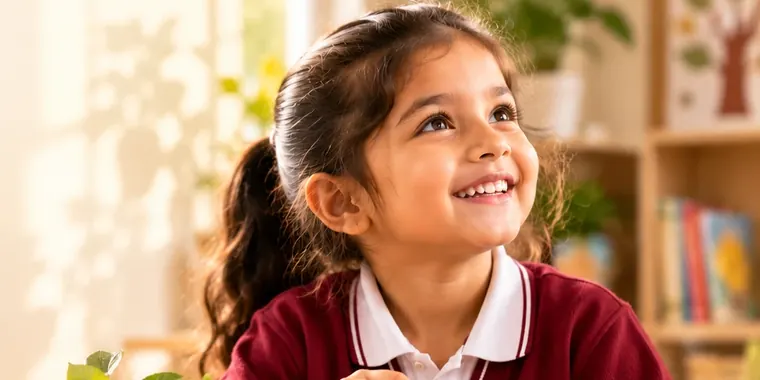 A smiling Grade I child in the classroom