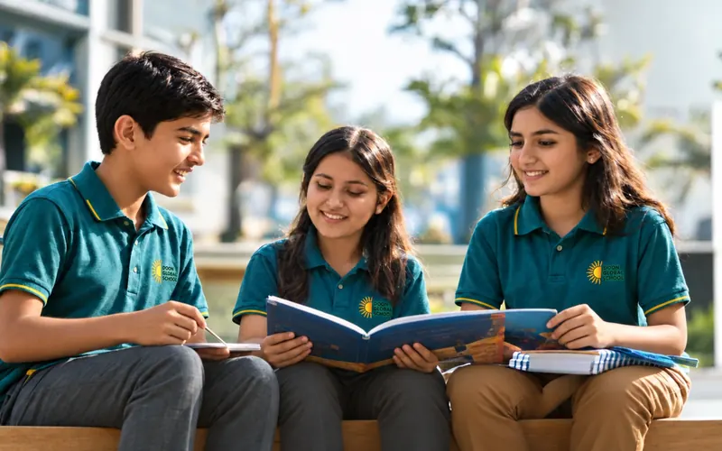Three students reading together on a bench