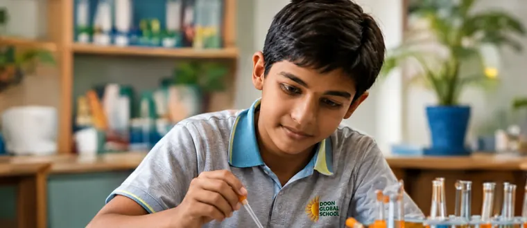 A student using a dropper over a rack of test tubes