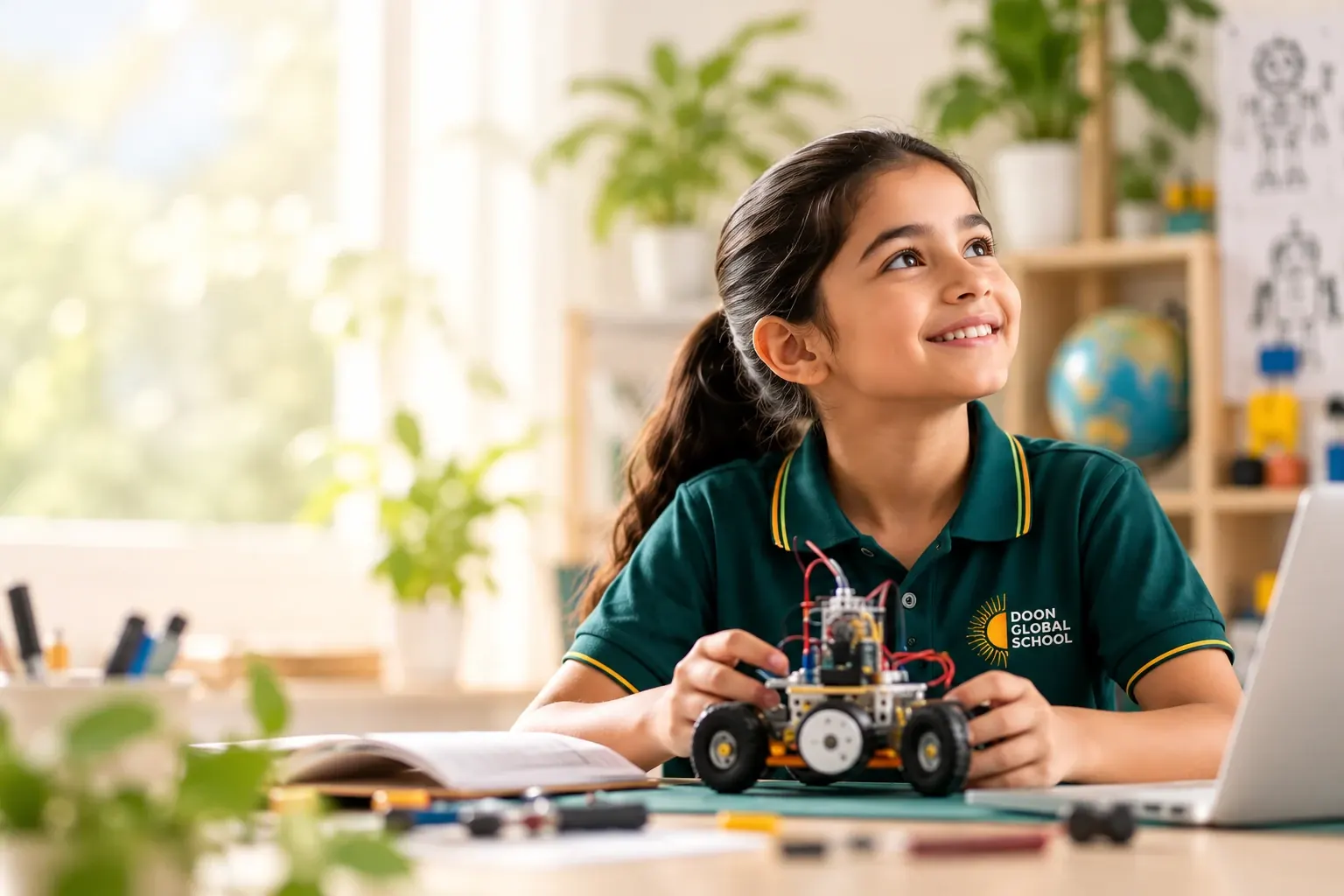 A smiling Grade VI student building a small robot car