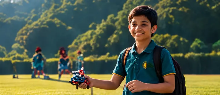 A student on the school field holding a handmade model