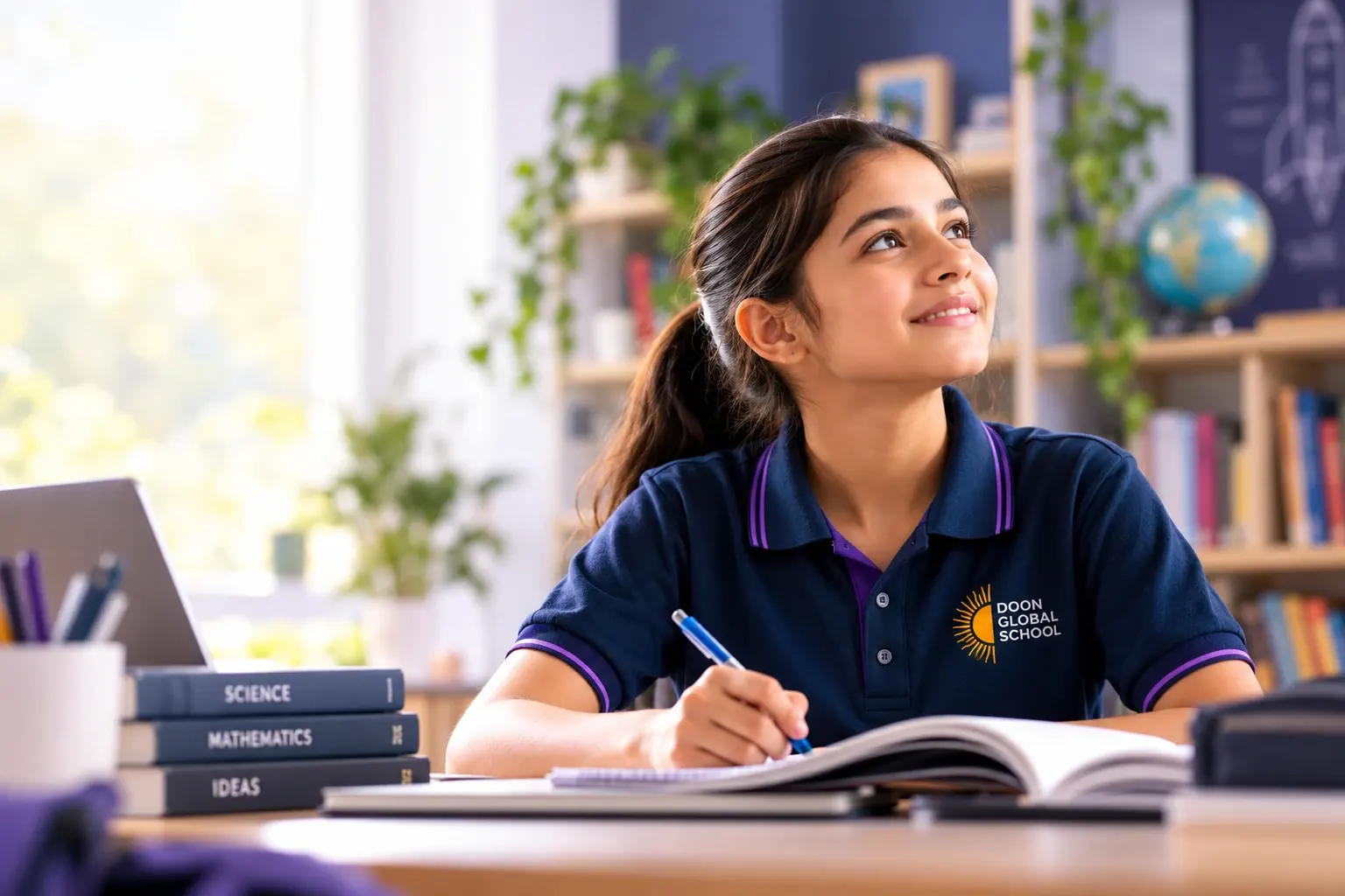 A smiling Grade IX student at a desk with notebooks and a pen, looking up from the page