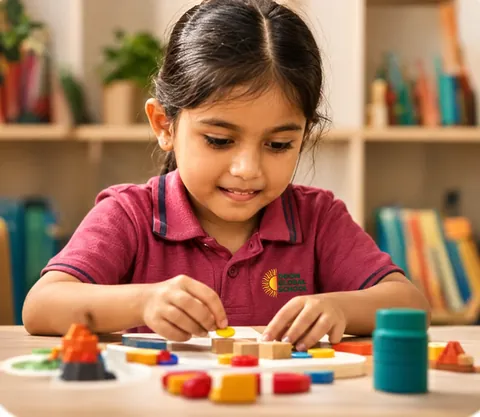 A child arranging counters and blocks
