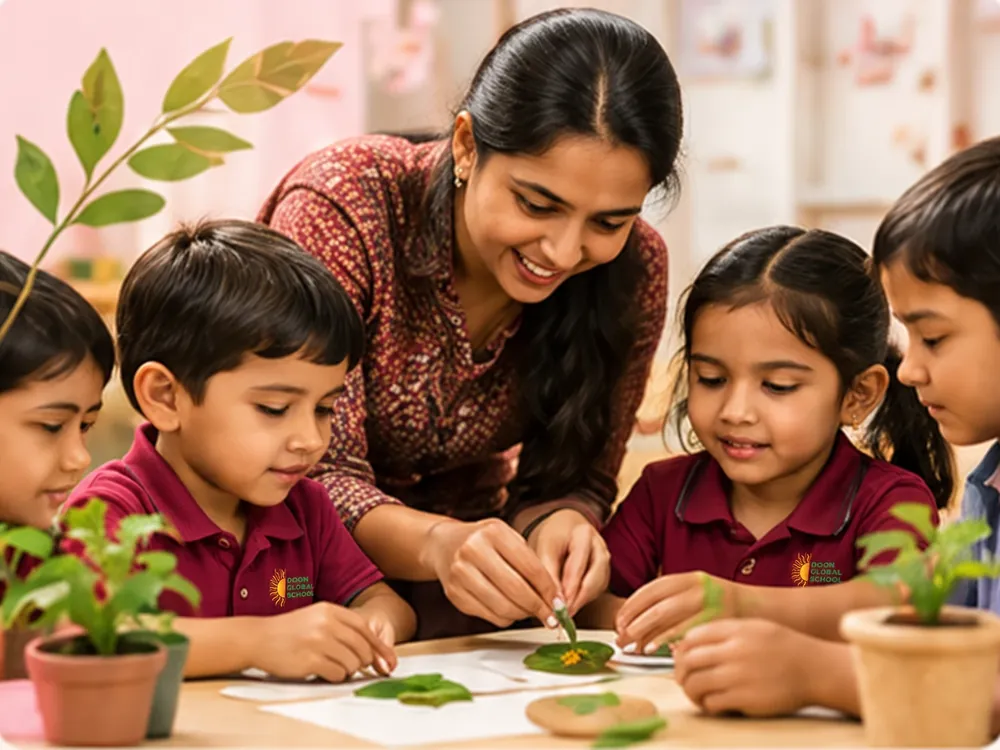 A teacher and young children looking closely at leaves