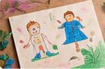 A child&rsquo;s crayon drawing of two figures