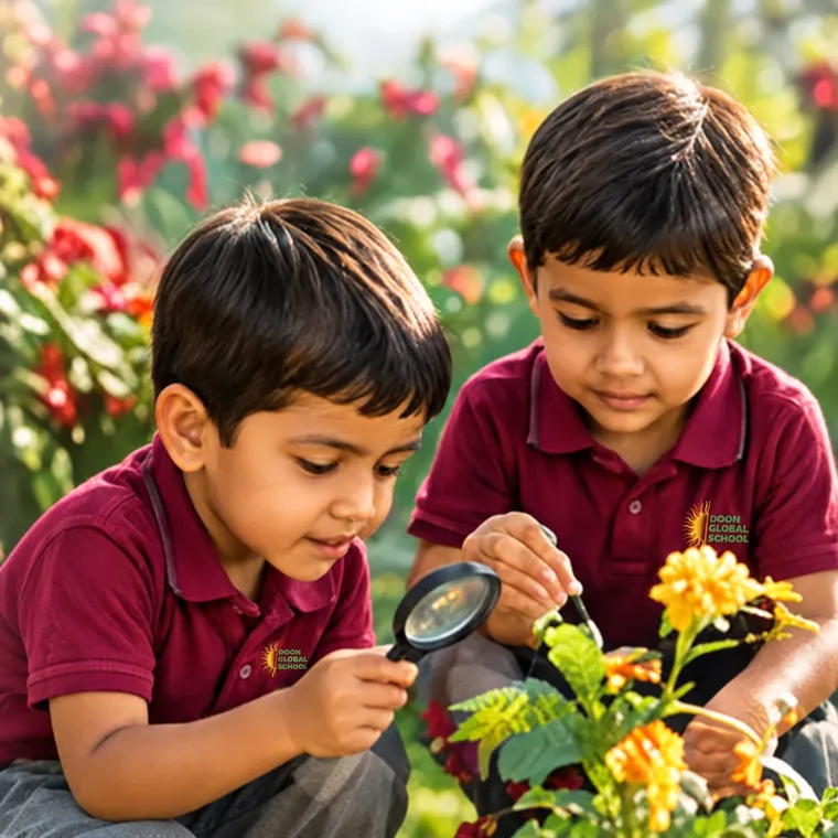 Two children looking at flowers through a magnifying glass