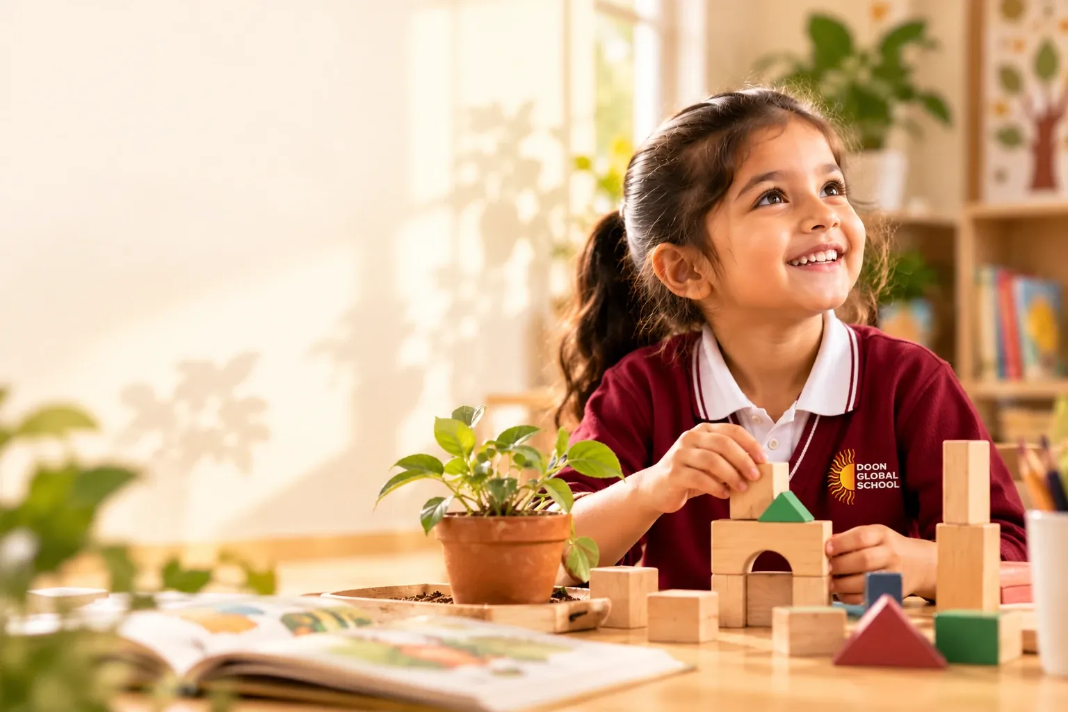 A smiling Grade I child building with wooden blocks beside a potted plant
