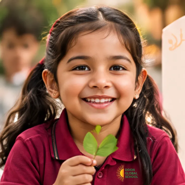 A smiling child holding a small leaf