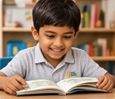 A child smiling over an open storybook