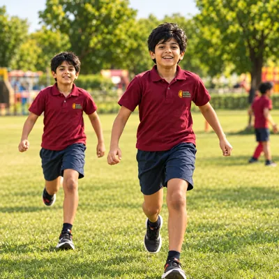 Two children running on a school field